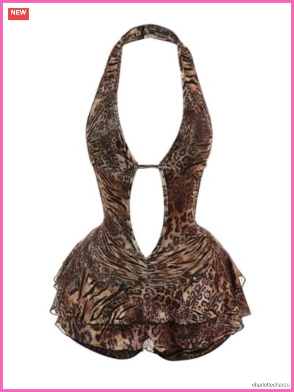 Verdusa Y2K Leopard Halter Romper Backless Tiered Ruffle Hem Club Outfit